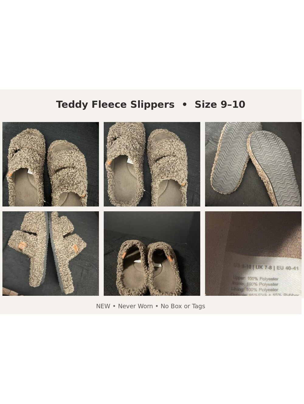 New Brown Teddy Fleece Slippers Size 9-10 Cozy Rubber Sole